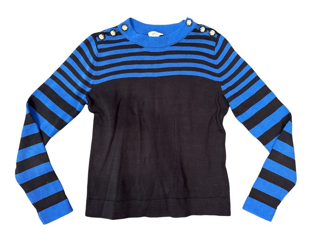 Per Se by Carlisle Sweater Womens S Black Cobalt Blue Striped Button Shoulder